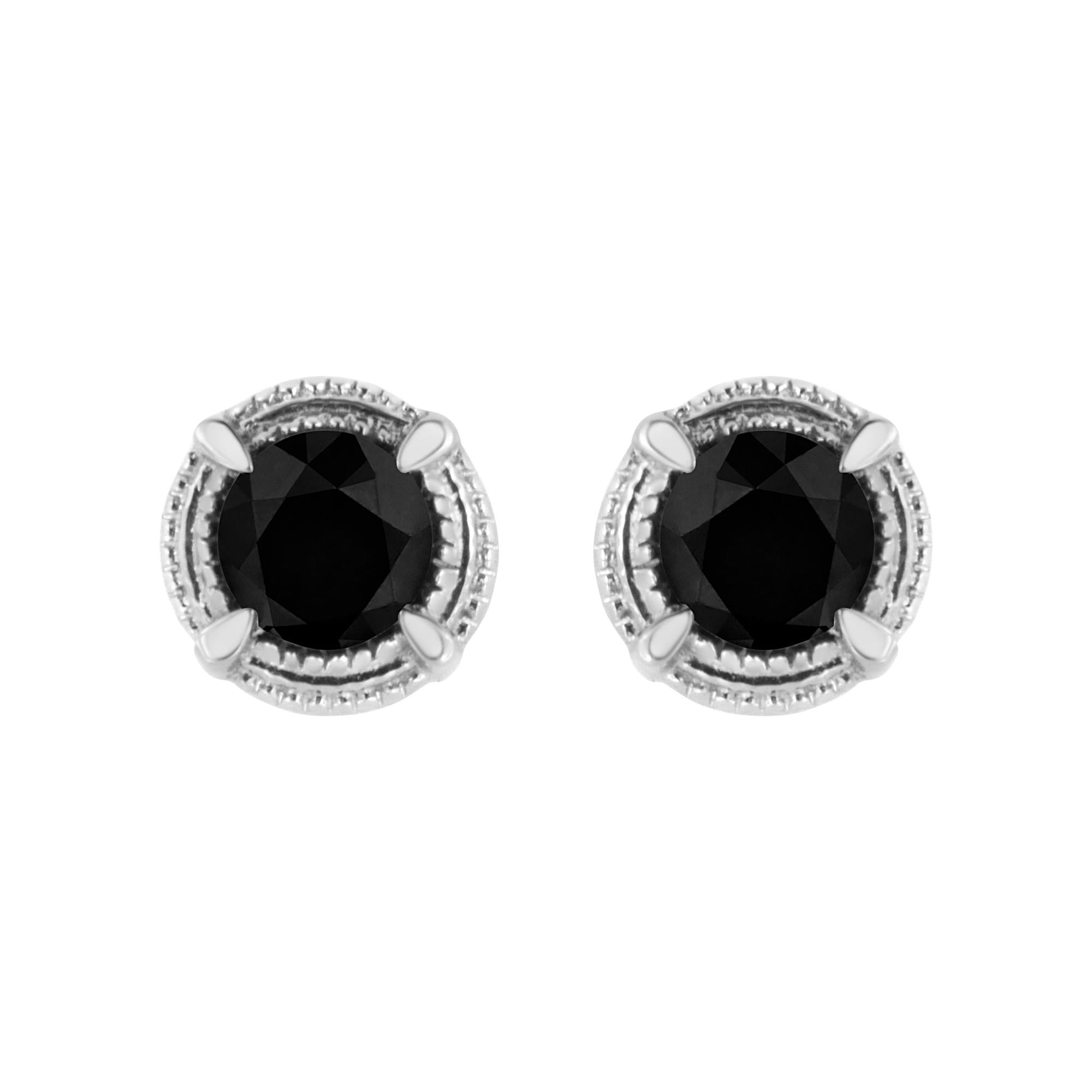 .925 Sterling Silver Treated Colored Diamond Modern 4-Prong Solitaire Milgrain Stud Earrings