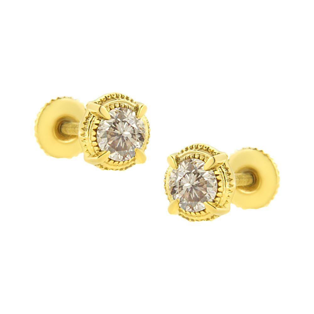 .925 Sterling Silver Round Brilliant Cut Diamond Solitaire Milgrain Stud Earrings