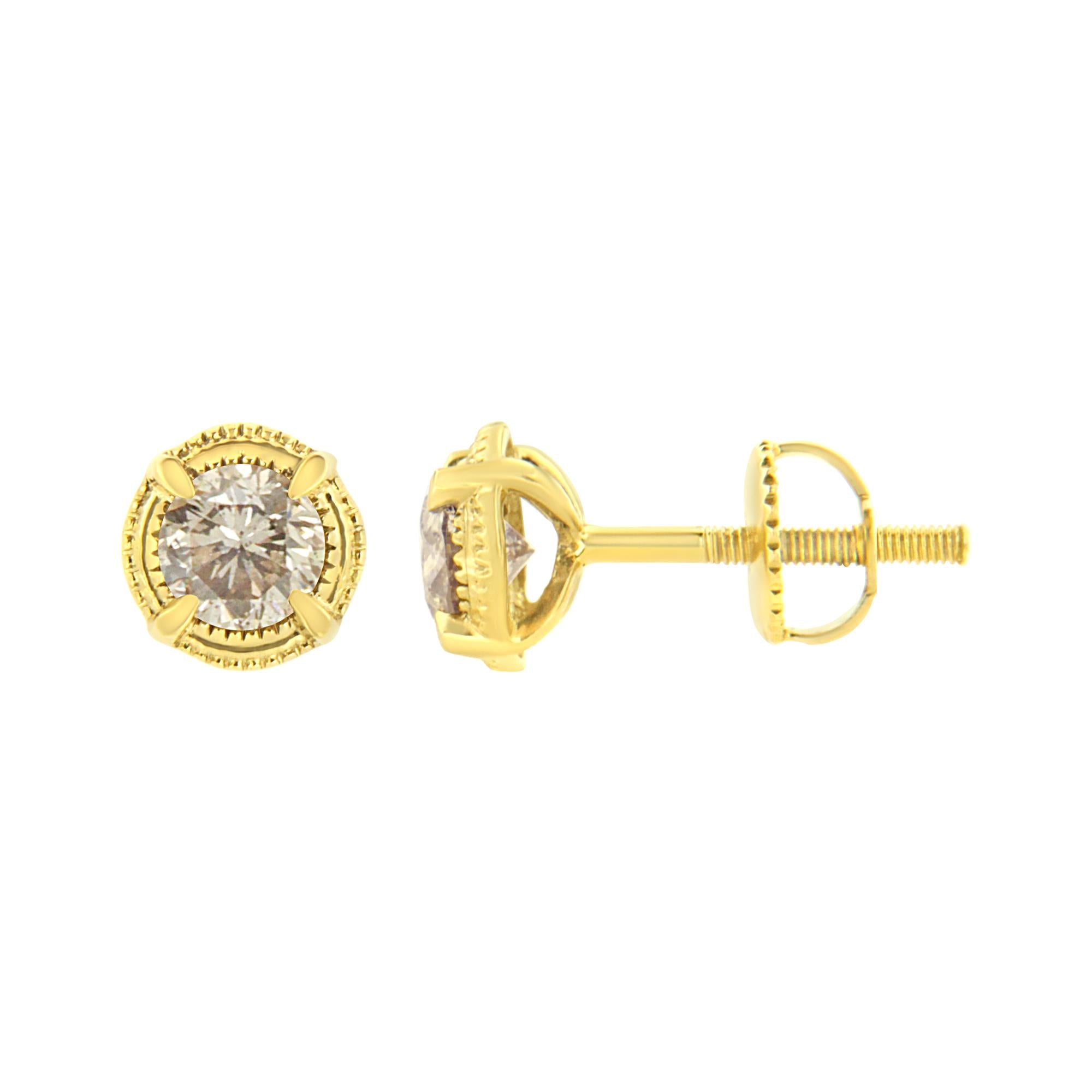 .925 Sterling Silver Round Brilliant Cut Diamond Solitaire Milgrain Stud Earrings