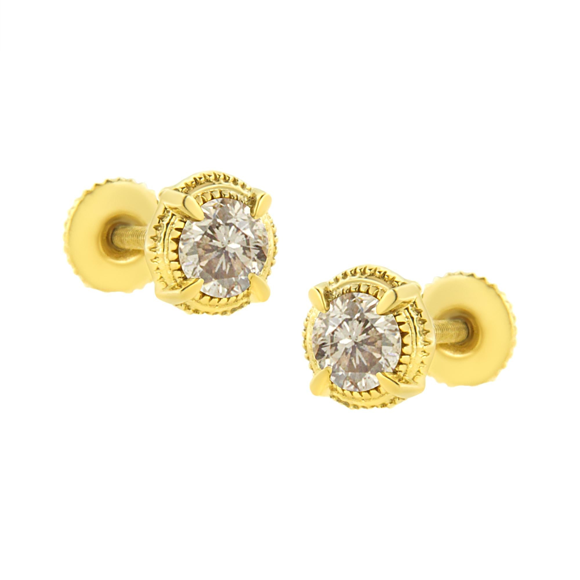 .925 Sterling Silver Round Brilliant Cut Diamond Solitaire Milgrain Stud Earrings