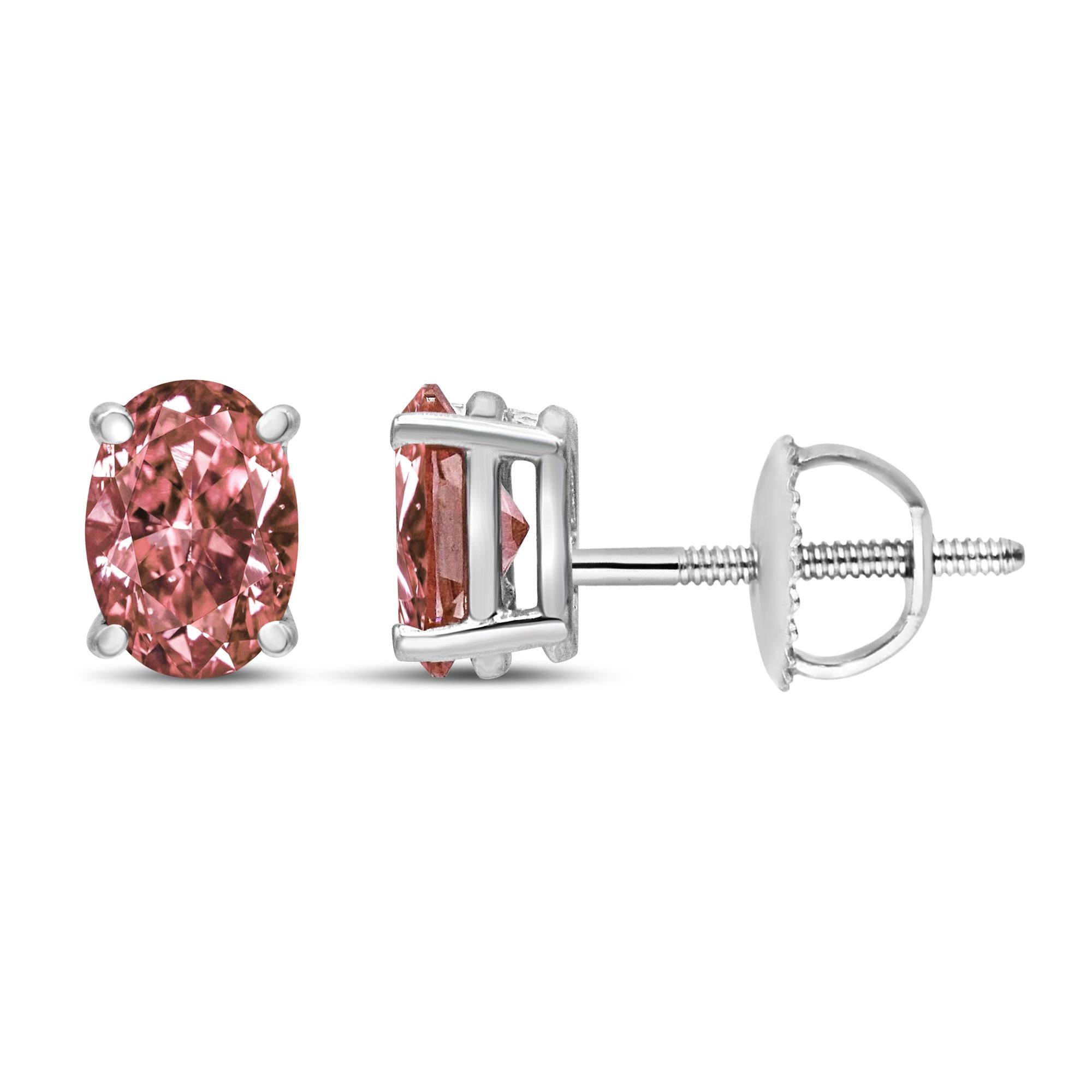 14K White Gold Lab Grown Pink Oval 4 Prong Set Classic Diamond Solitaire Stud Earrings (Pink Color, VS2-SI1 Clarity)