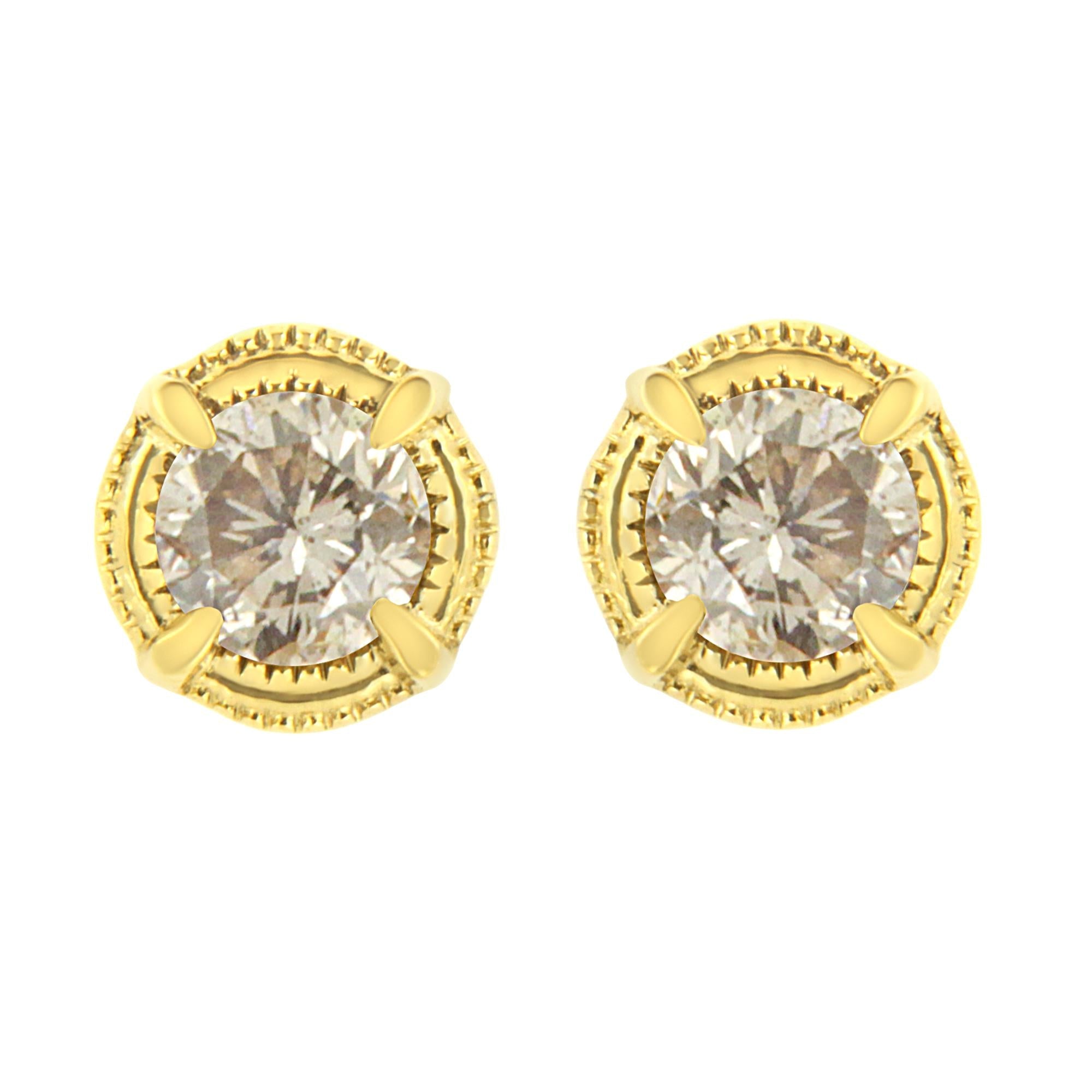.925 Sterling Silver Round Brilliant Cut Diamond Solitaire Milgrain Stud Earrings