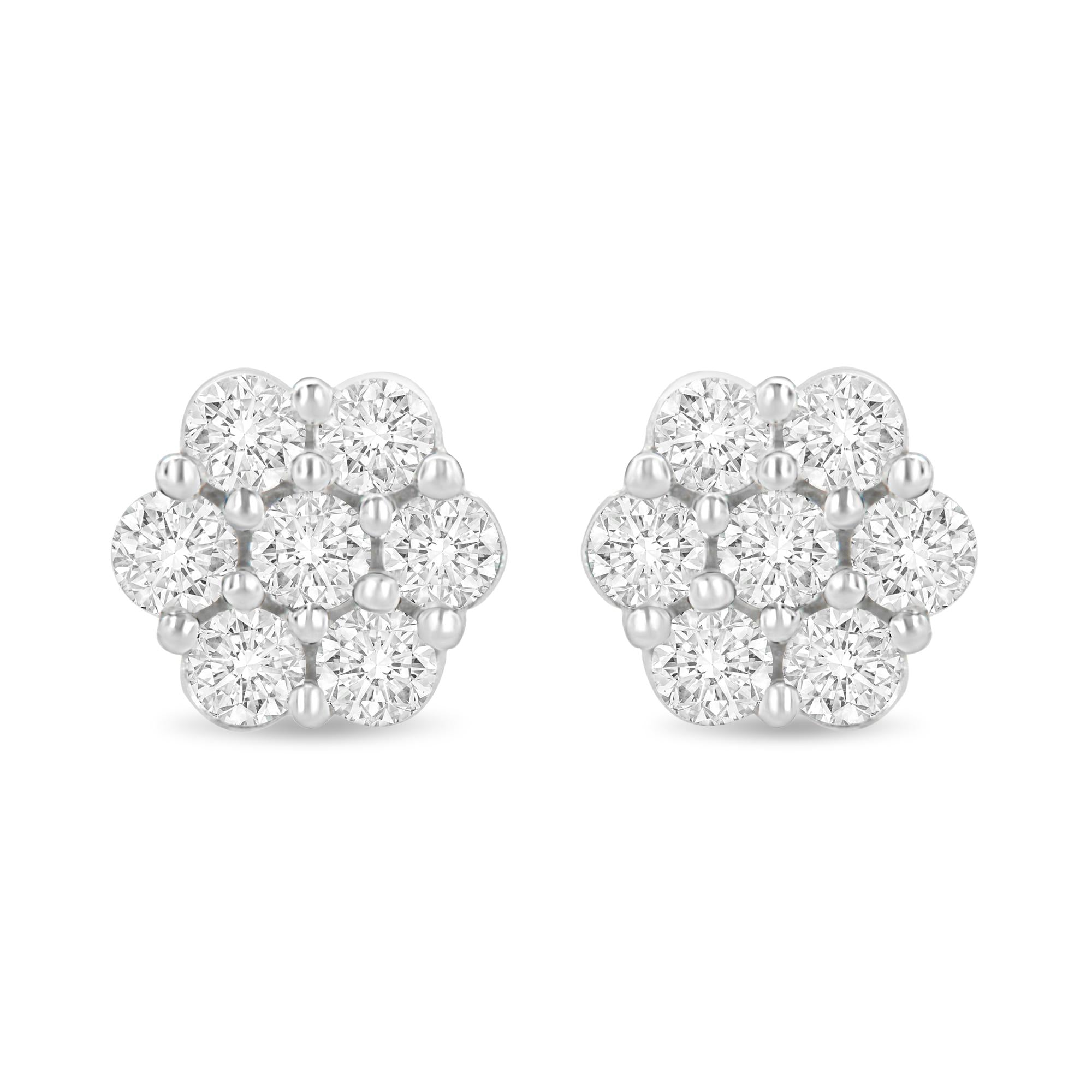 14K White Gold 1.0 Cttw Prong Set Round-Cut Diamond Floral Stud Earrings (H-I Color, I1-I2 Clarity)