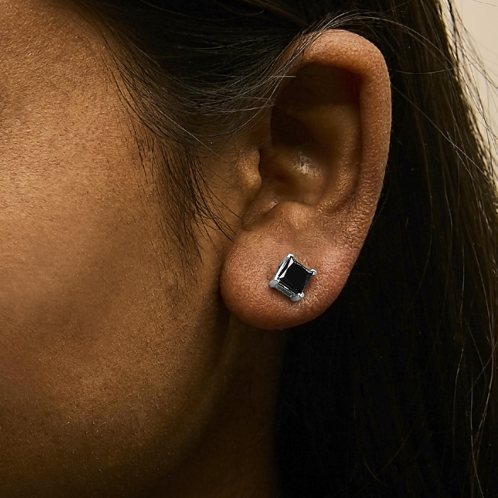 .925 Sterling Silver Princess-Cut Square Black Diamond Classic 4-Prong Stud Earrings with Screw Backs
