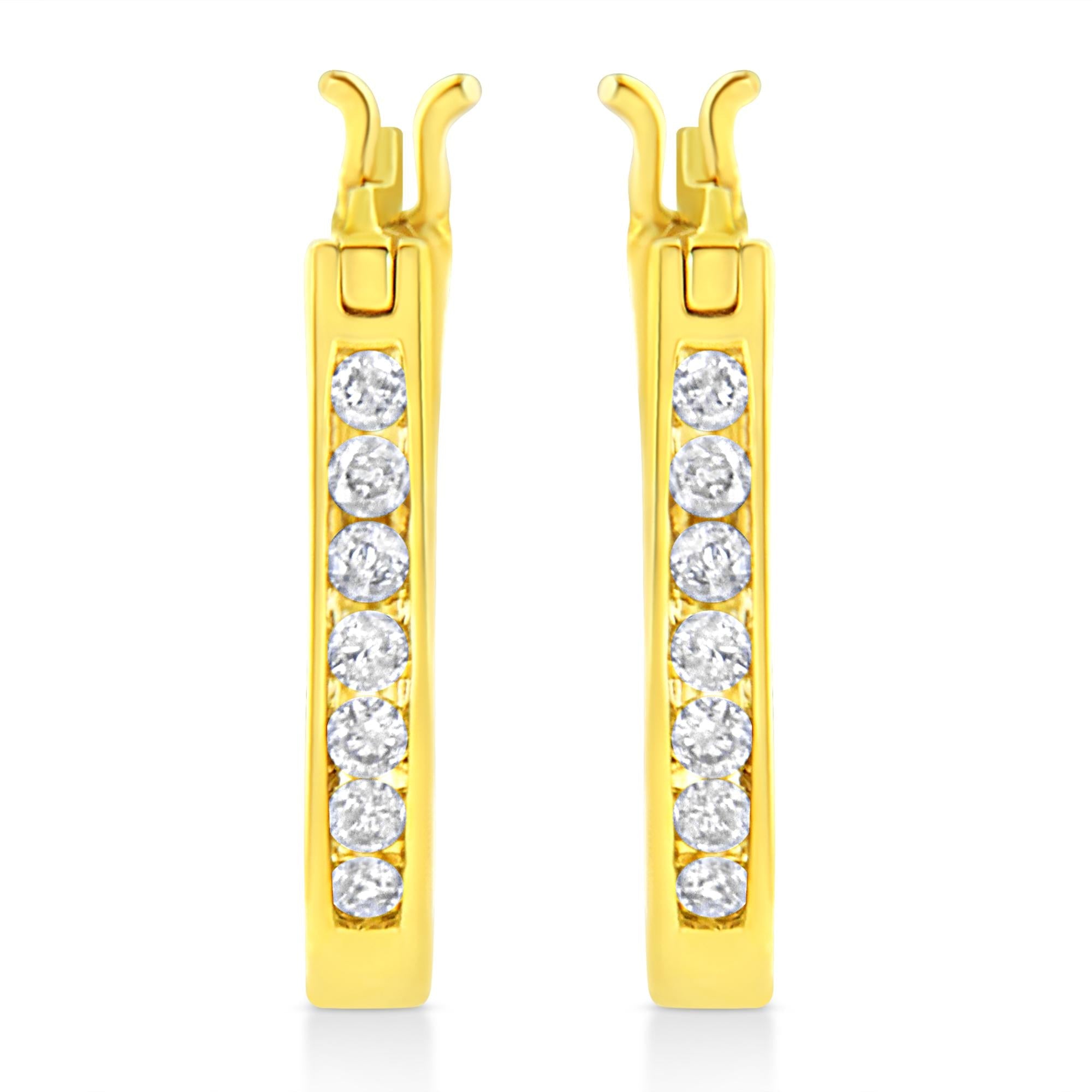 14K Yellow Gold Plated .925 Sterling Silver 1/4 Cttw Diamond Leverback 3/4" Inch Hoop Earrings (K-L Color, I2-I3 Clarity)