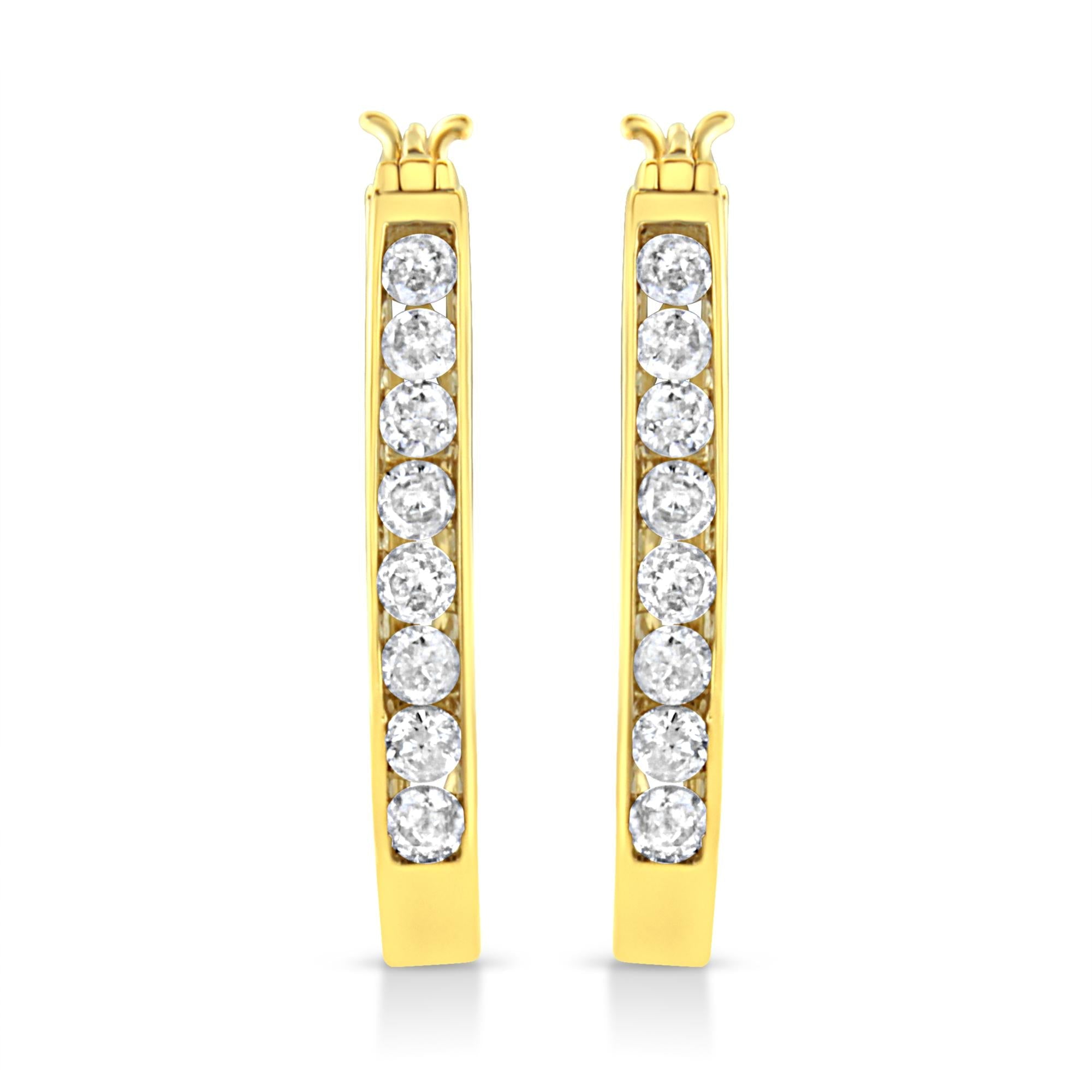 14k Yellow Gold Plated .925 Sterling Silver 1.0 Cttw Channel Set Brilliant Round Cut Diamond Hoop Earrings (J-K Color, I2-I3 Clarity)
