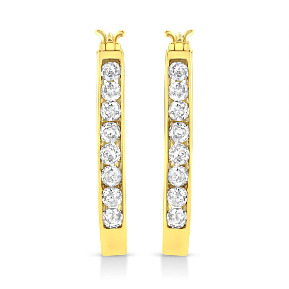 14k Yellow Gold Plated .925 Sterling Silver 1.0 Cttw Channel Set Brilliant Round Cut Diamond Hoop Earrings (J-K Color, I2-I3 Clarity)
