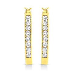 14k Yellow Gold Plated .925 Sterling Silver 1.0 Cttw Channel Set Brilliant Round Cut Diamond Hoop Earrings (J-K Color, I2-I3 Clarity)