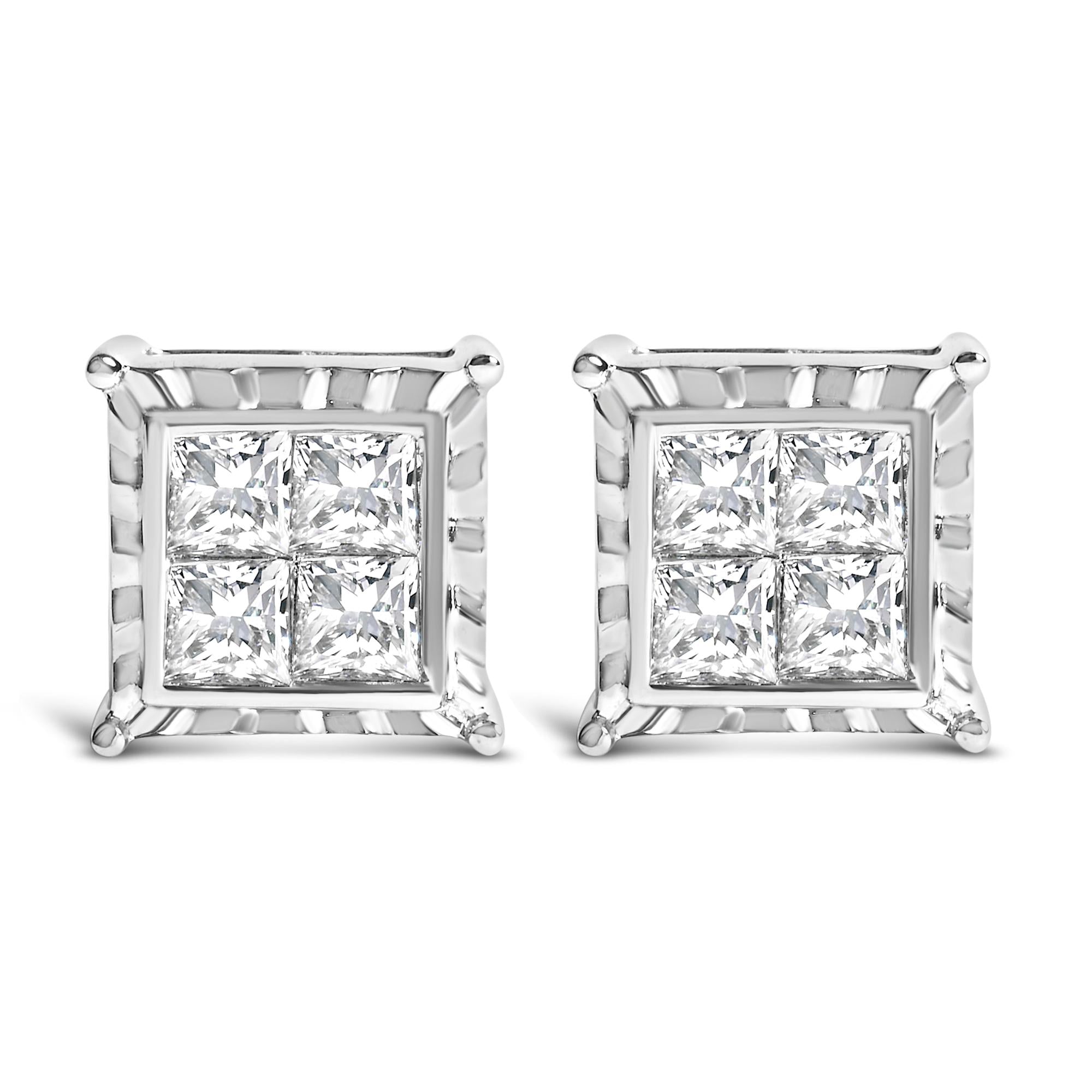 14K White Gold 1 1/2 Cttw Invisible Set Princess-Cut Diamond Contemporary Wavy Quad Stud Earrings (I-J Color, I1-I2 Clarity)