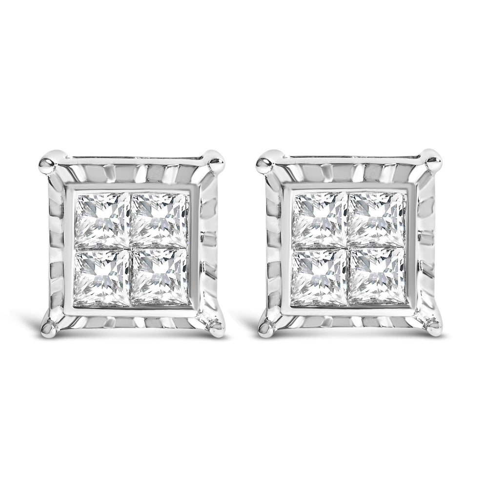 14K White Gold 1 1/2 Cttw Invisible Set Princess-Cut Diamond Contemporary Wavy Quad Stud Earrings (I-J Color, I1-I2 Clarity)
