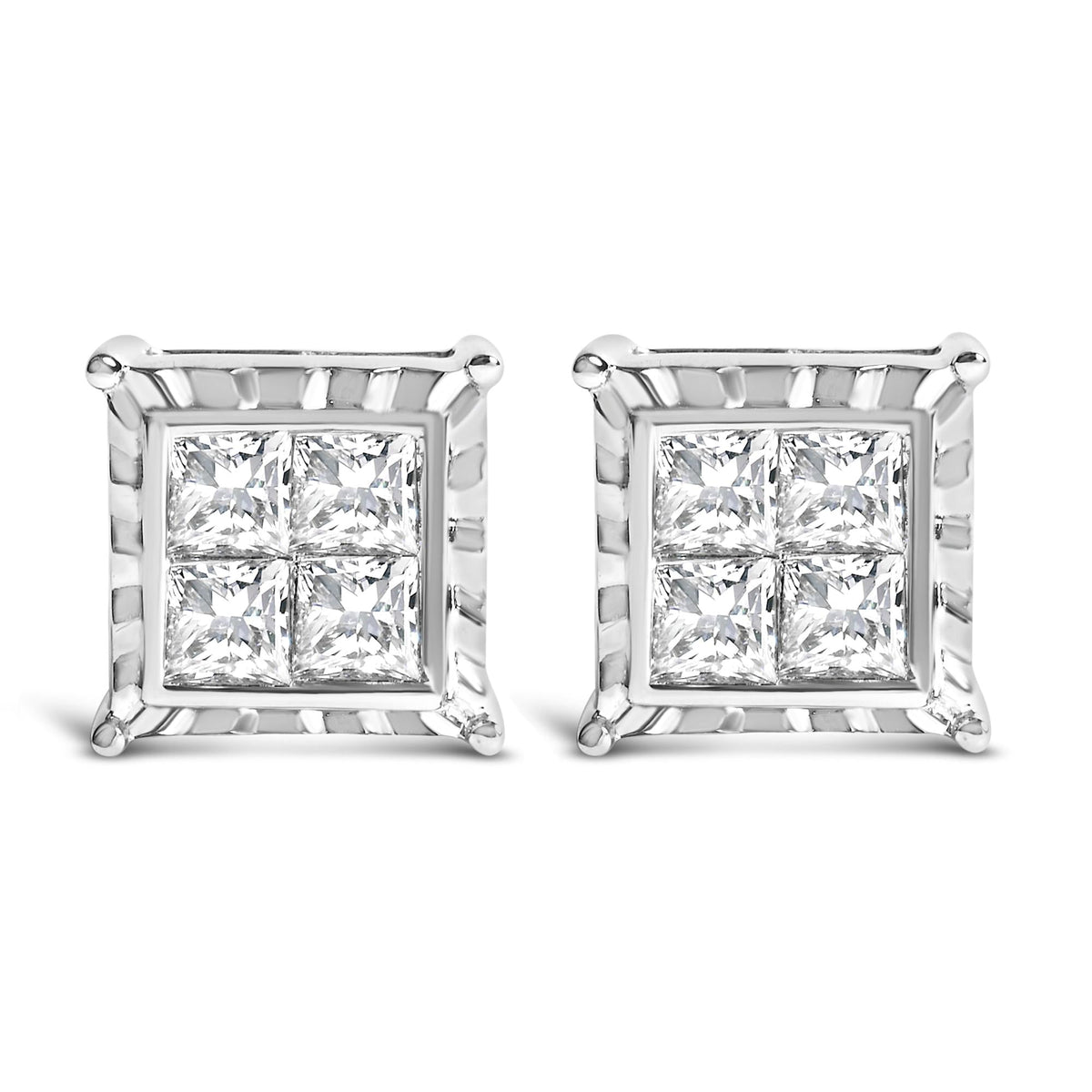 14K White Gold 1 1/2 Cttw Invisible Set Princess-Cut Diamond Contemporary Wavy Quad Stud Earrings (I-J Color, I1-I2 Clarity)