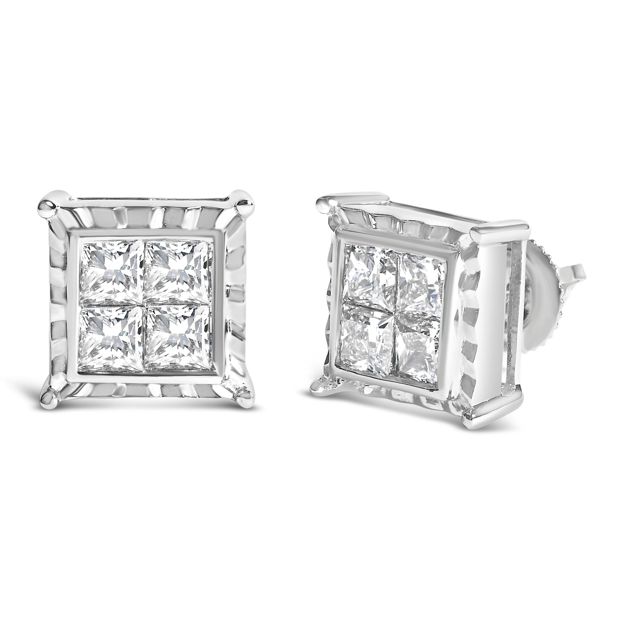 14K White Gold 1 1/2 Cttw Invisible Set Princess-Cut Diamond Contemporary Wavy Quad Stud Earrings (I-J Color, I1-I2 Clarity)