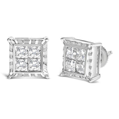 14K White Gold 1 1/2 Cttw Invisible Set Princess-Cut Diamond Contemporary Wavy Quad Stud Earrings (I-J Color, I1-I2 Clarity)