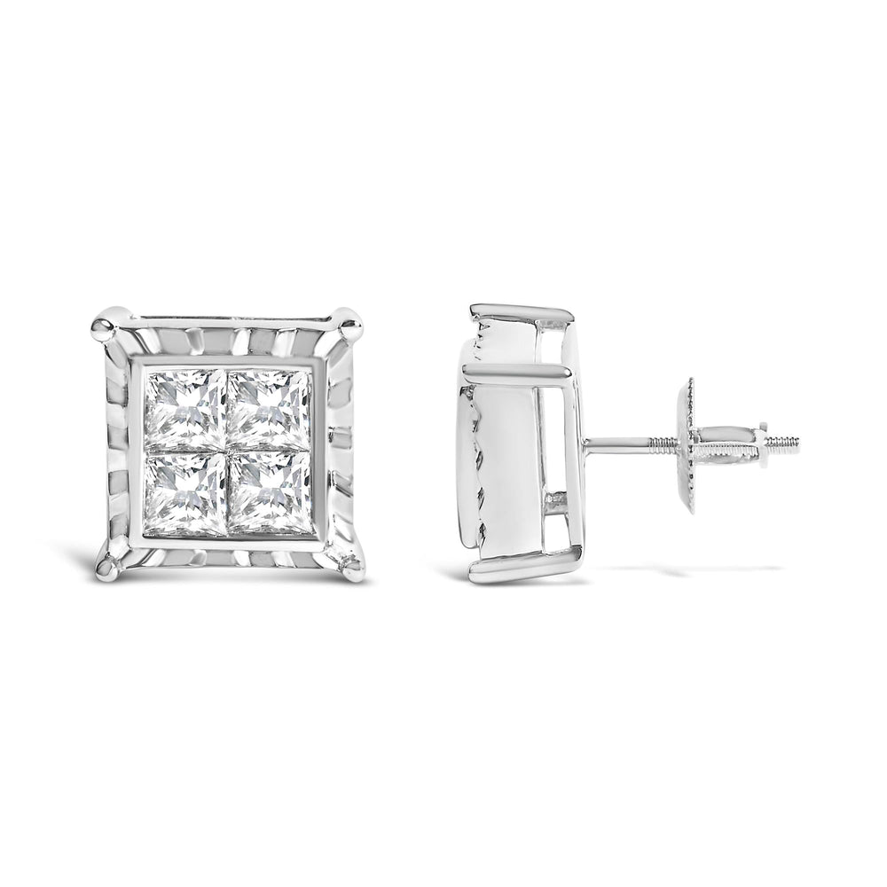 14K White Gold 1 1/2 Cttw Invisible Set Princess-Cut Diamond Contemporary Wavy Quad Stud Earrings (I-J Color, I1-I2 Clarity)