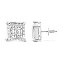 14K White Gold 1 1/2 Cttw Invisible Set Princess-Cut Diamond Contemporary Wavy Quad Stud Earrings (I-J Color, I1-I2 Clarity)