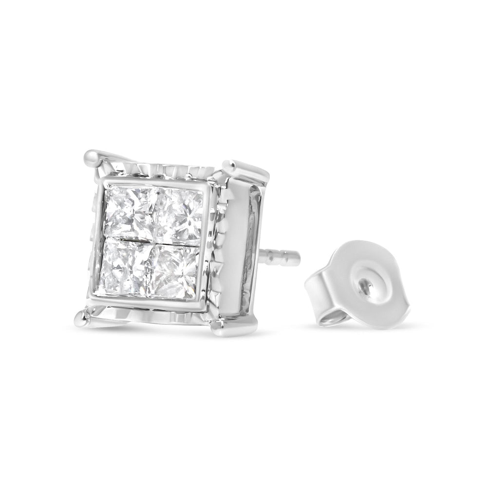 14K White Gold 2.00 Cttw Invisible Set Princess-Cut Lab Grown Diamond Wavy Quad Stud Earrings