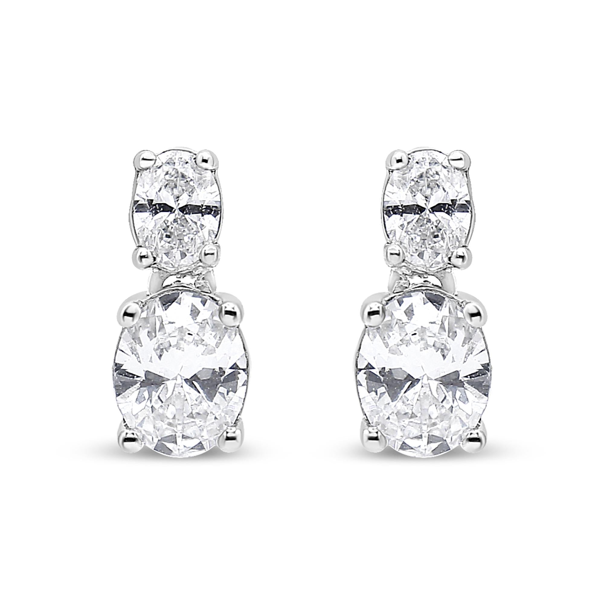 14K White Gold 1.0 Cttw Oval Lab Grown Diamond 2 Stone Drop and Dangle Stud Earrings (G-H Color, VS2-SI1 Clarity)