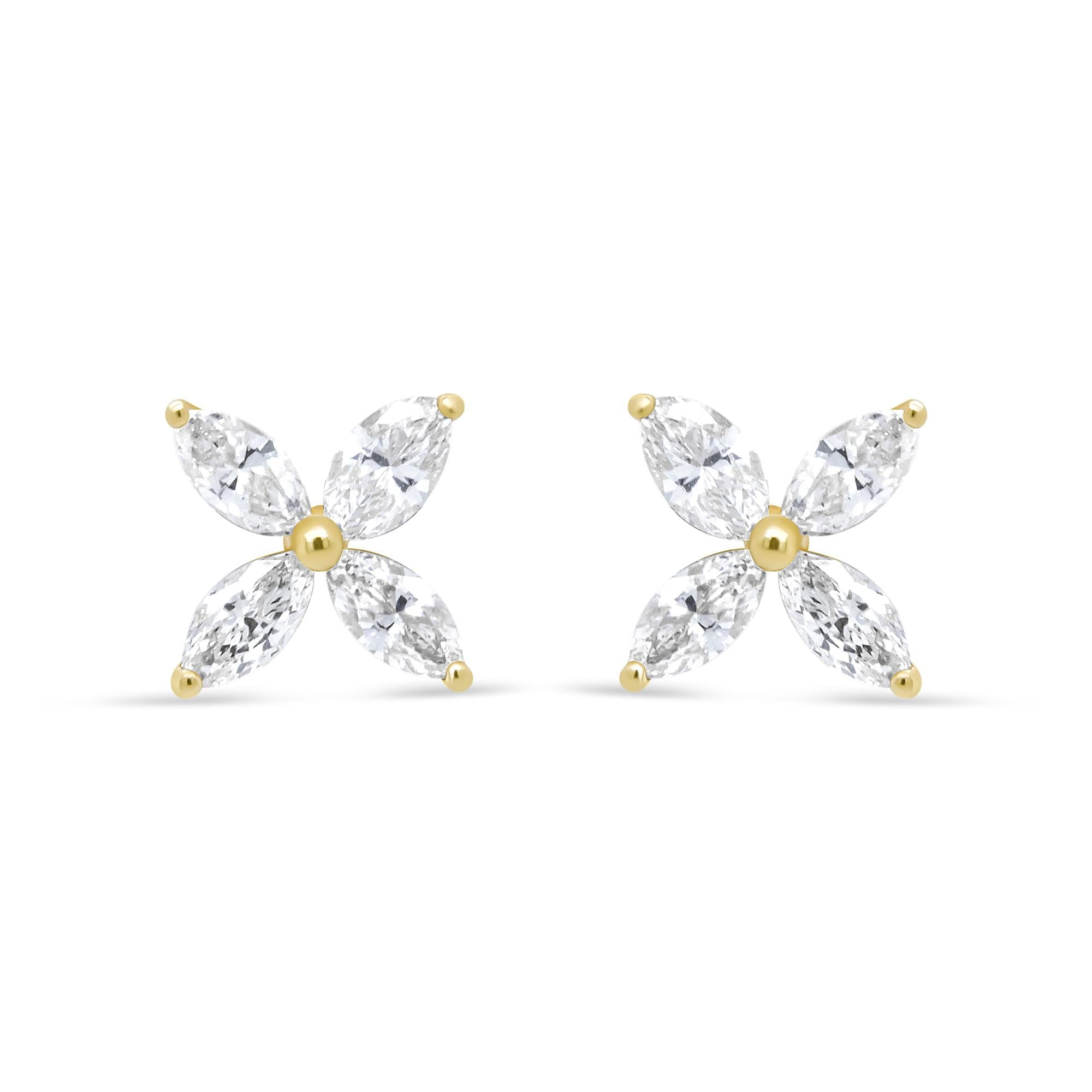 14K Gold Marquise Diamond 8 Stone Floral Leaf Stud Earrings (I-J Color, SI2-I1 Clarity)