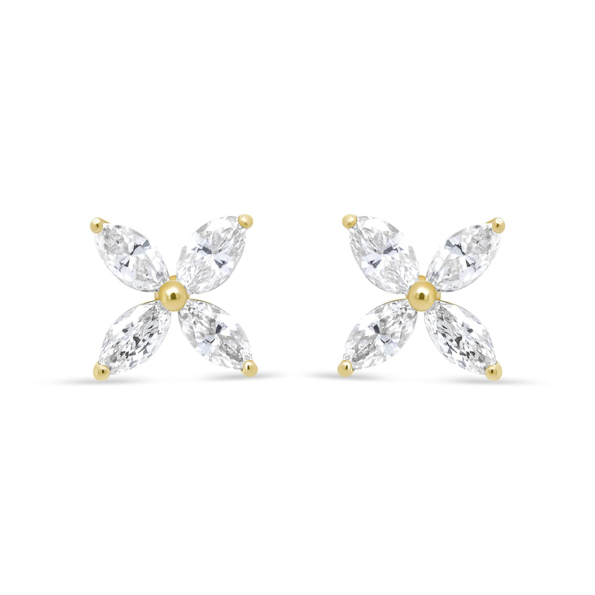 14K Gold Marquise Diamond 8 Stone Floral Leaf Stud Earrings (I-J Color, SI2-I1 Clarity)