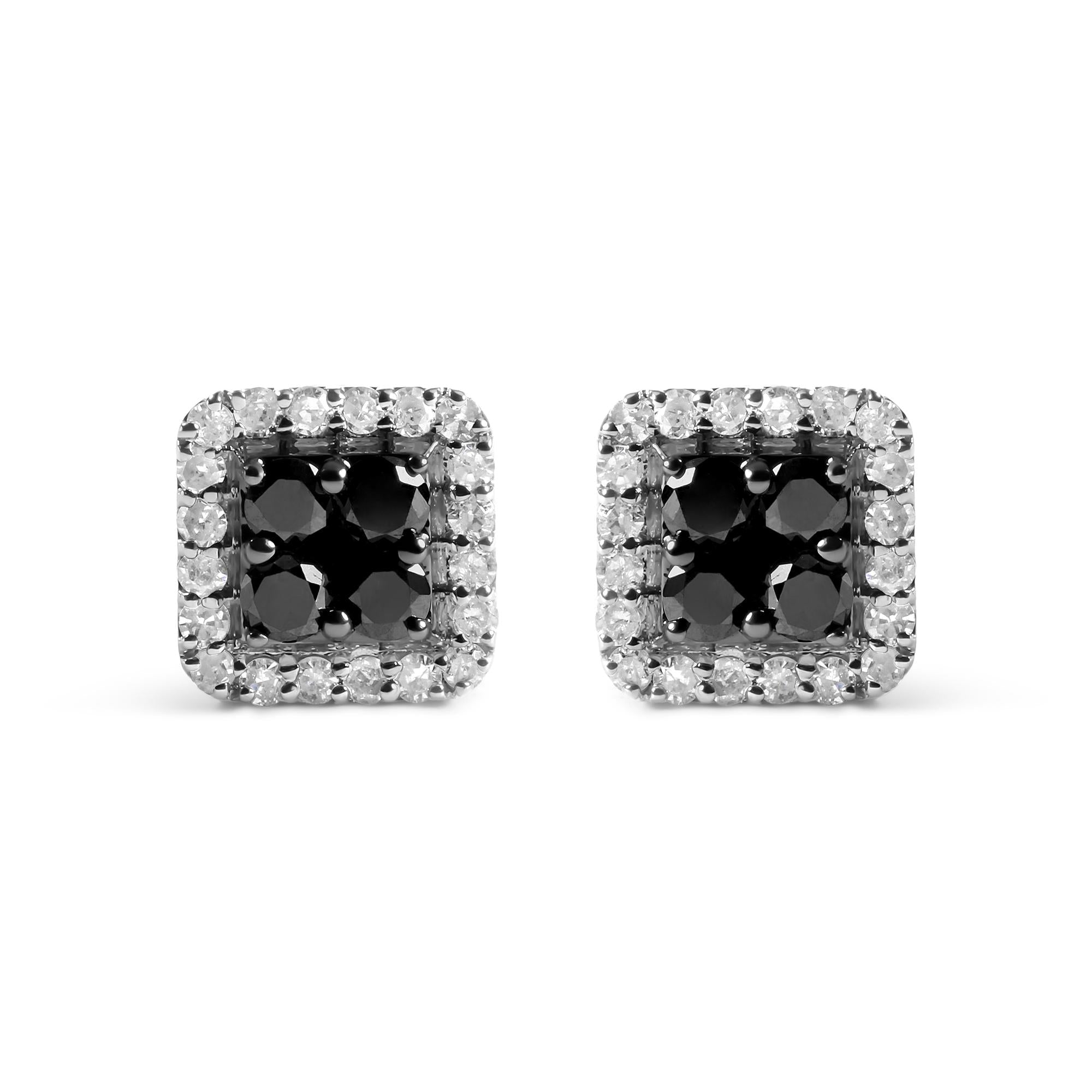 Men's 925 Sterling Silver 5/8 Cttw White and Black Diamond Composite wit Halo Stud Earring (Treated Black/I-J Color, I2-I3 Clarity)