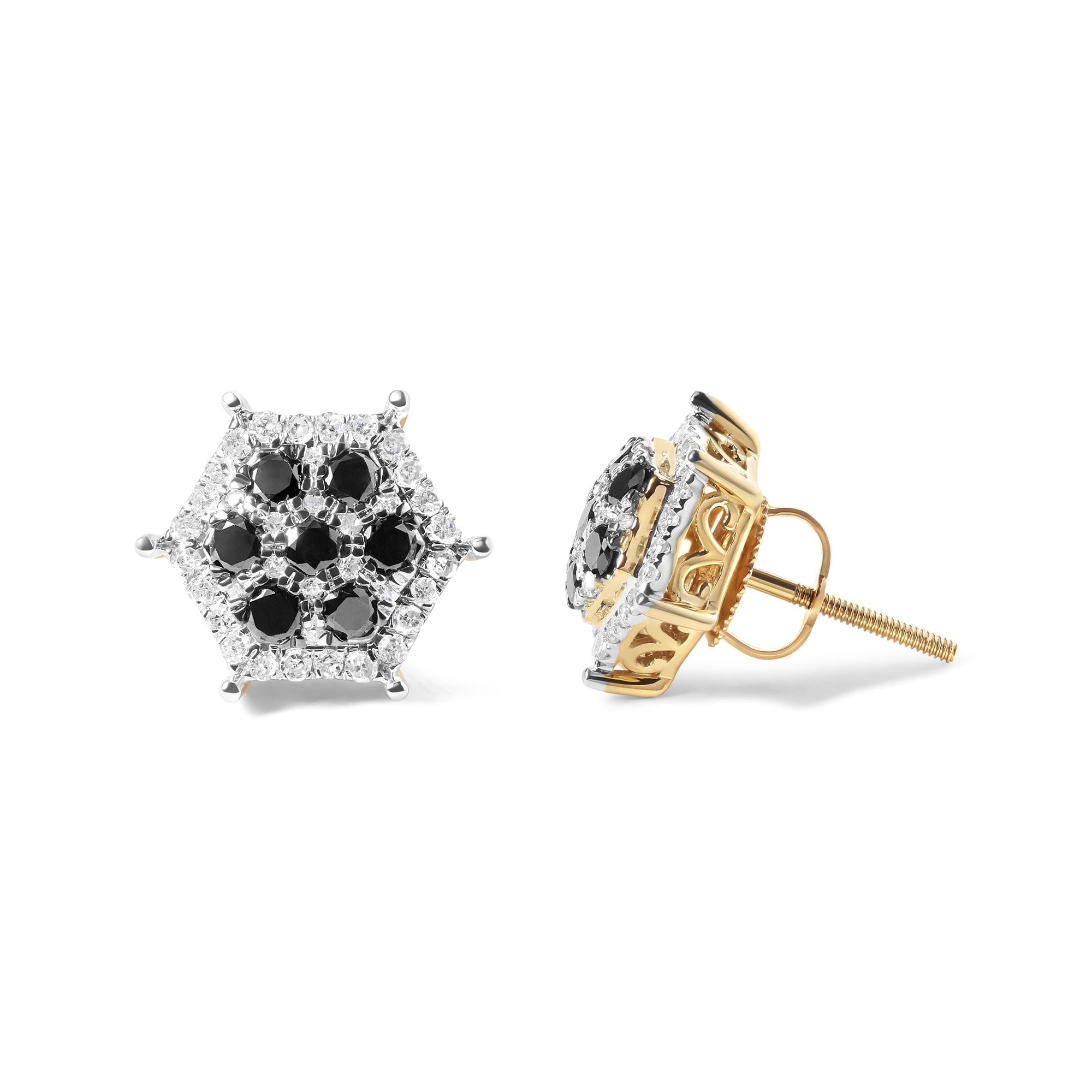 Men's 10K Yellow Gold 7/8 Cttw White and Black Treated Diamond Earring (Black / I-J Color, I2-I3 Clarity)