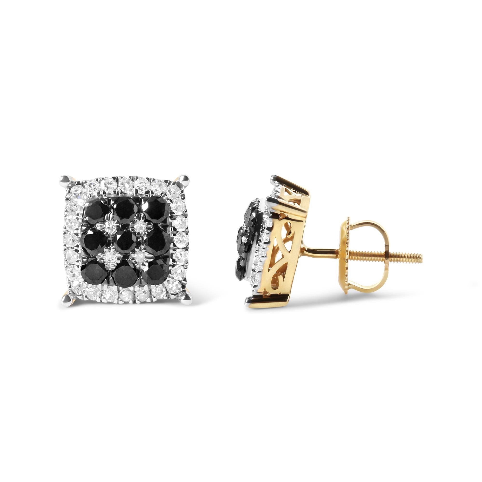 Men's 10K Yellow Gold 7/8 Cttw White and Black Treated Diamond Earring (Black / I-J Color, I2-I3 Clarity)