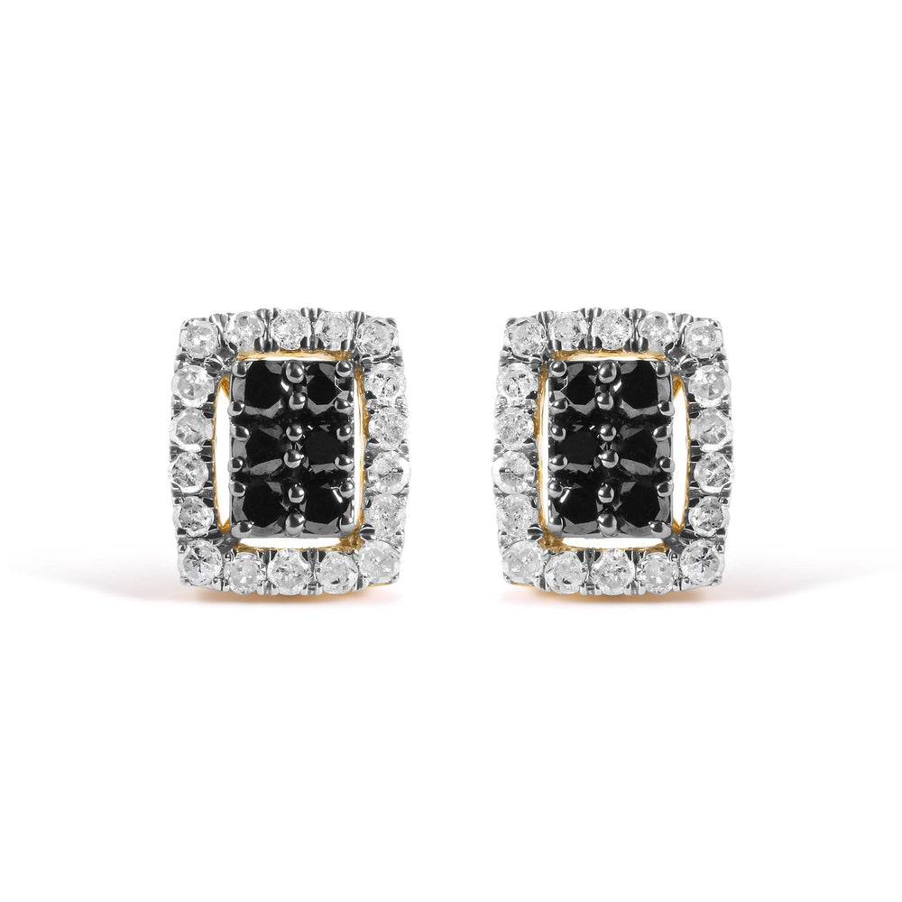 Men's 10K Yellow Gold 1.00 Cttw White and Black Diamond Emerald Shape Halo Stud Earring (Black / I-J Color, I2-I3 Clarity)