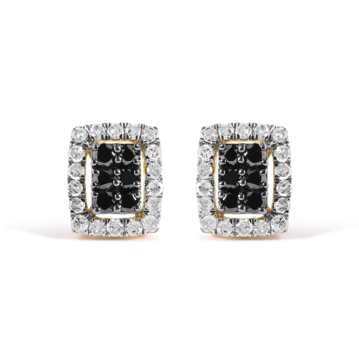 Men's 10K Yellow Gold 1.00 Cttw White and Black Diamond Emerald Shape Halo Stud Earring (Black / I-J Color, I2-I3 Clarity)