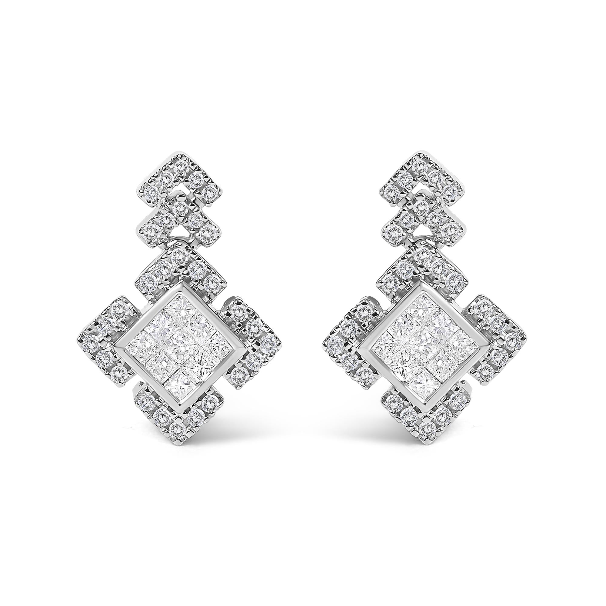 10K White Gold 3/5 Cttw Princess Diamond Geometric Drop Earrings
