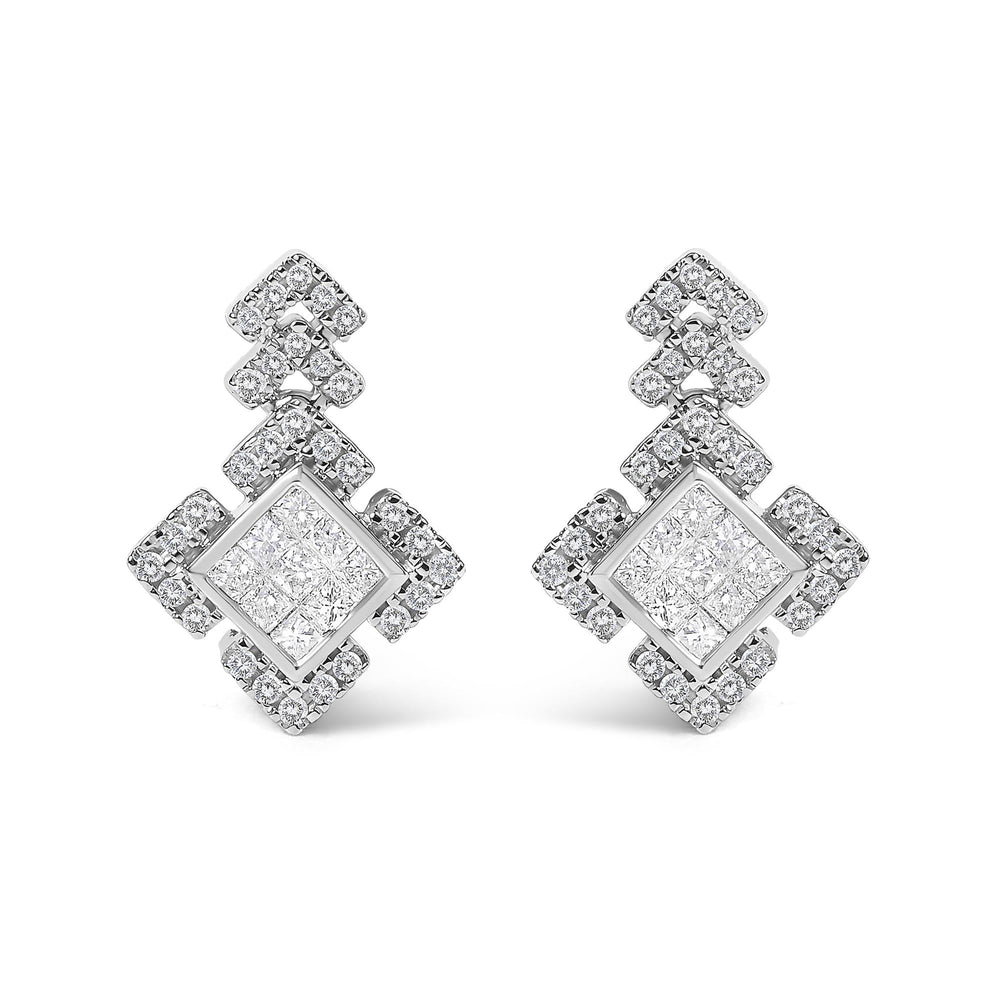 10K White Gold 3/5 Cttw Princess Diamond Geometric Drop Earrings