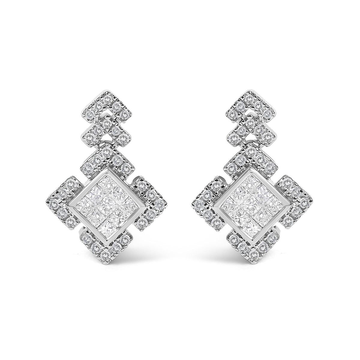 10K White Gold 3/5 Cttw Princess Diamond Geometric Drop Earrings