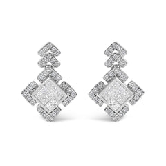 10K White Gold 3/5 Cttw Princess Diamond Geometric Drop Earrings