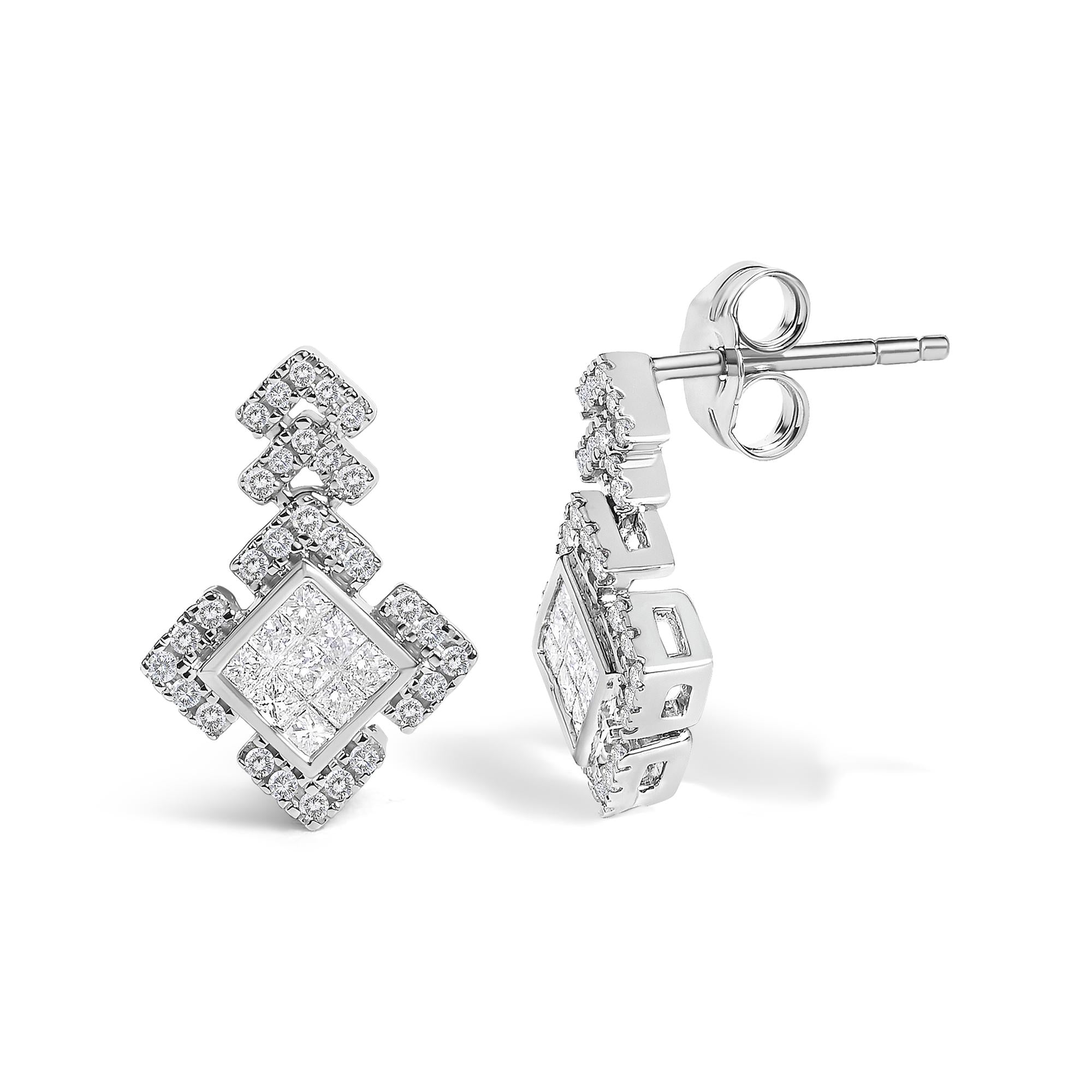 10K White Gold 3/5 Cttw Princess Diamond Geometric Drop Earrings