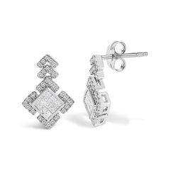 10K White Gold 3/5 Cttw Princess Diamond Geometric Drop Earrings