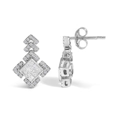 10K White Gold 3/5 Cttw Princess Diamond Geometric Drop Earrings