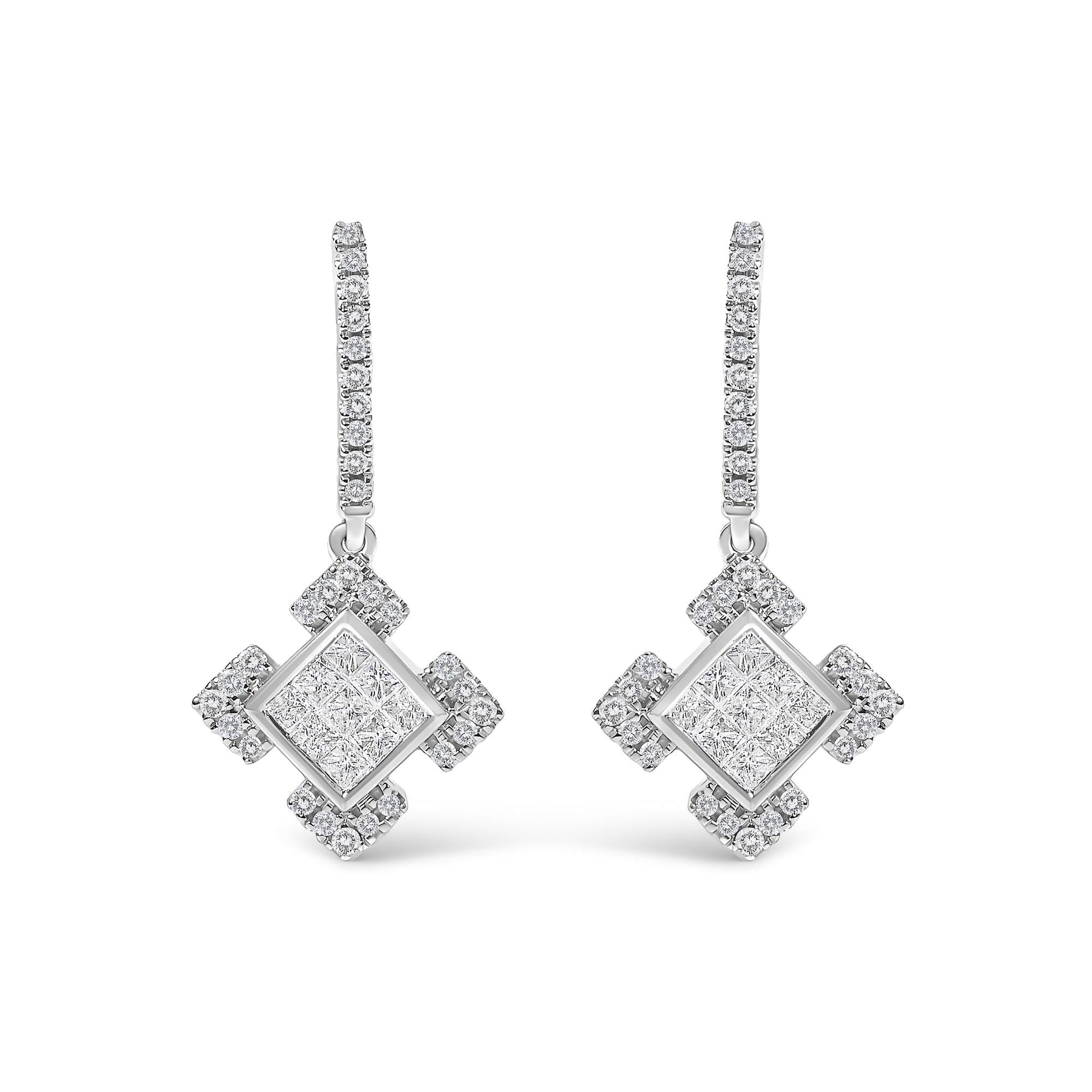 10K White Gold Princess and Round Diamond Geometric Composite Dangle Earrings