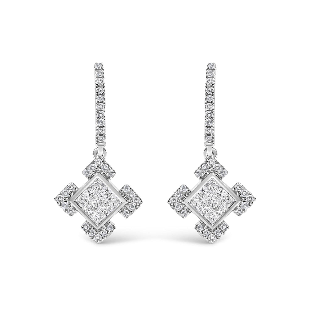 10K White Gold Princess and Round Diamond Geometric Composite Dangle Earrings
