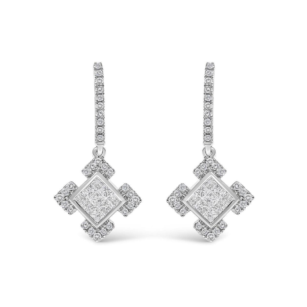 10K White Gold Princess and Round Diamond Geometric Composite Dangle Earrings
