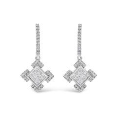 10K White Gold Princess and Round Diamond Geometric Composite Dangle Earrings