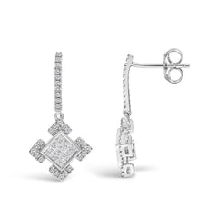 10K White Gold Princess and Round Diamond Geometric Composite Dangle Earrings