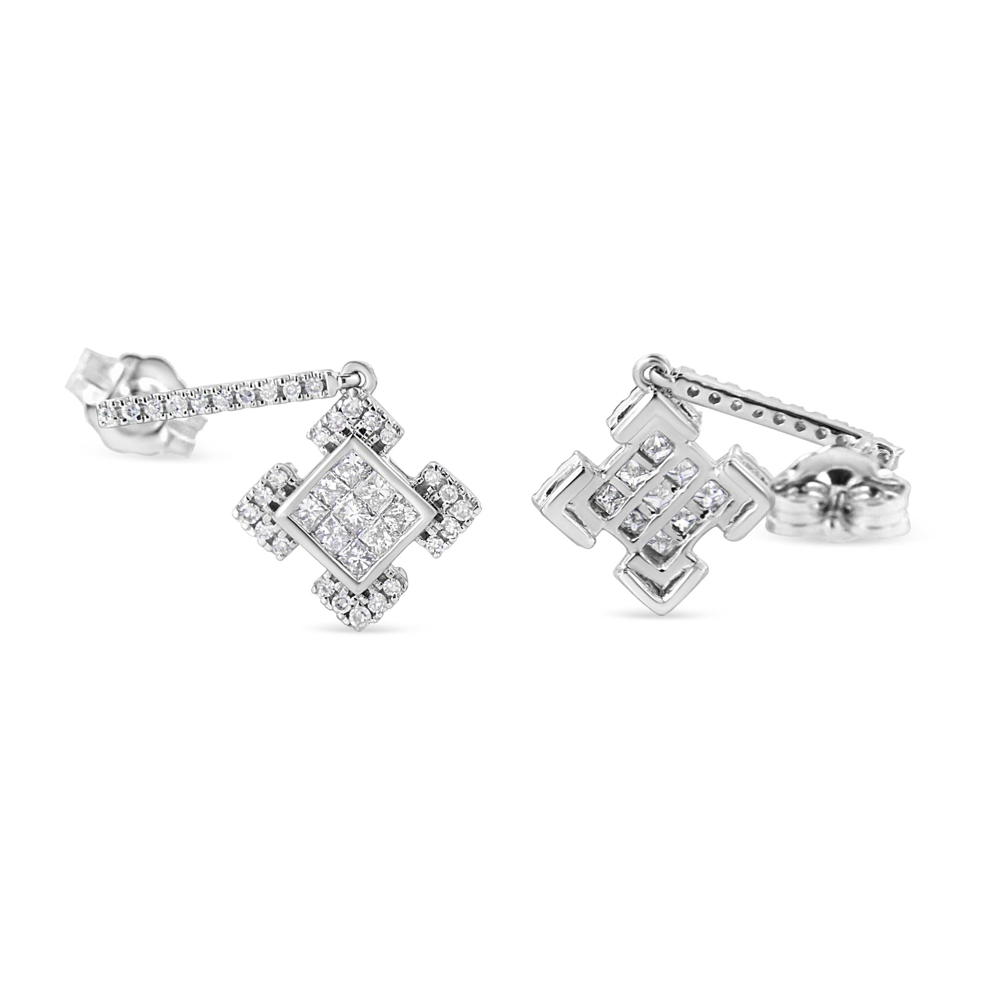 10K White Gold Princess and Round Diamond Geometric Composite Dangle Earrings