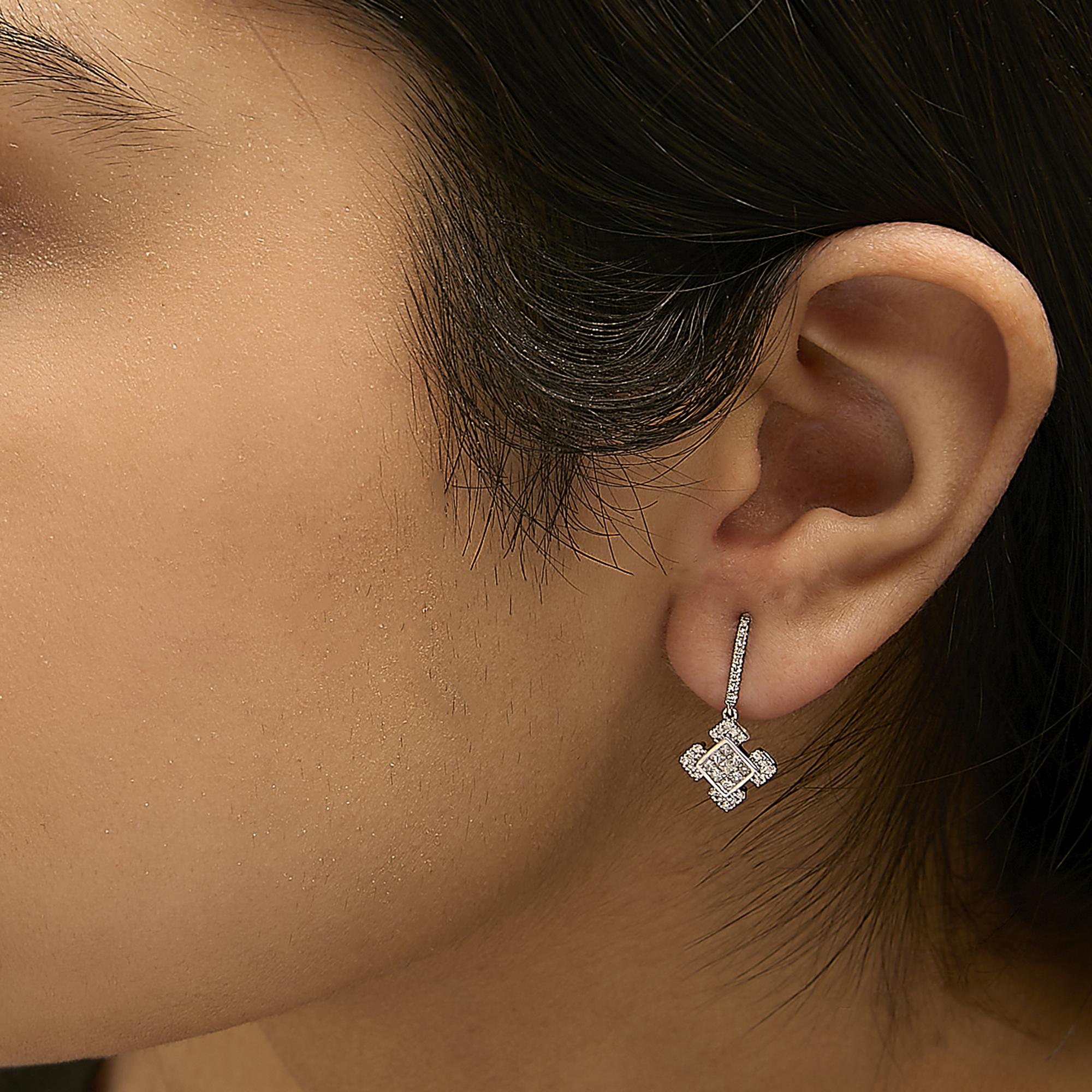 10K White Gold Princess and Round Diamond Geometric Composite Dangle Earrings