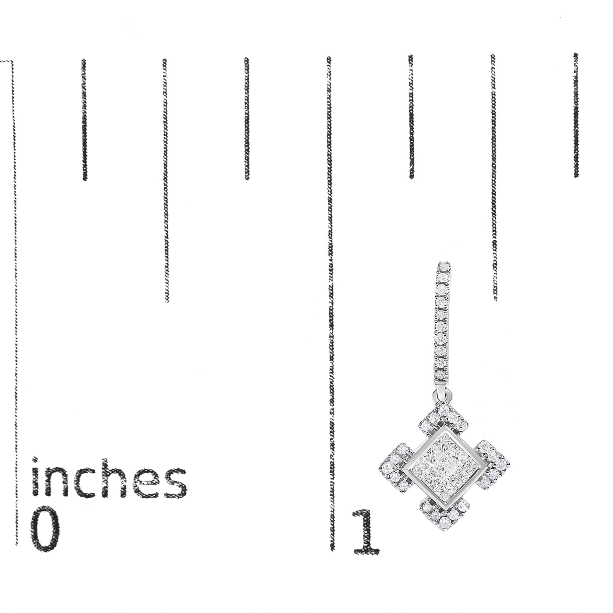 10K White Gold Princess and Round Diamond Geometric Composite Dangle Earrings