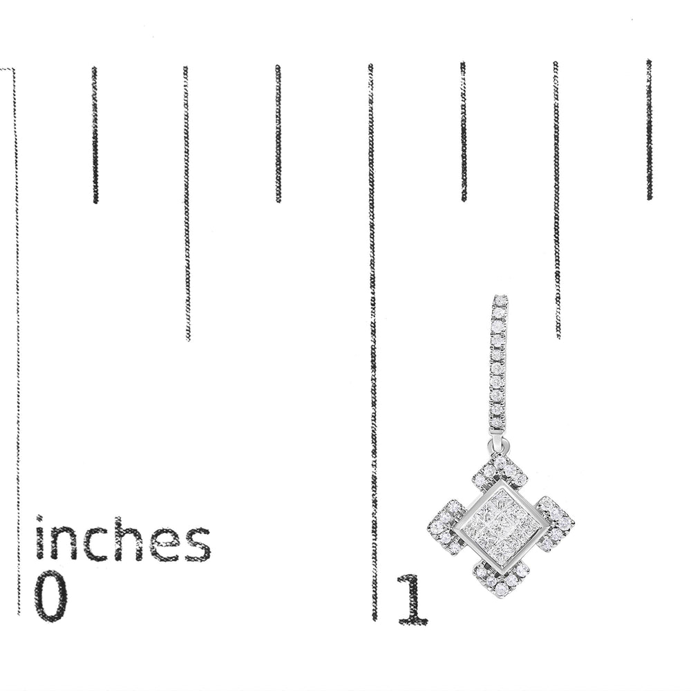 10K White Gold Princess and Round Diamond Geometric Composite Dangle Earrings