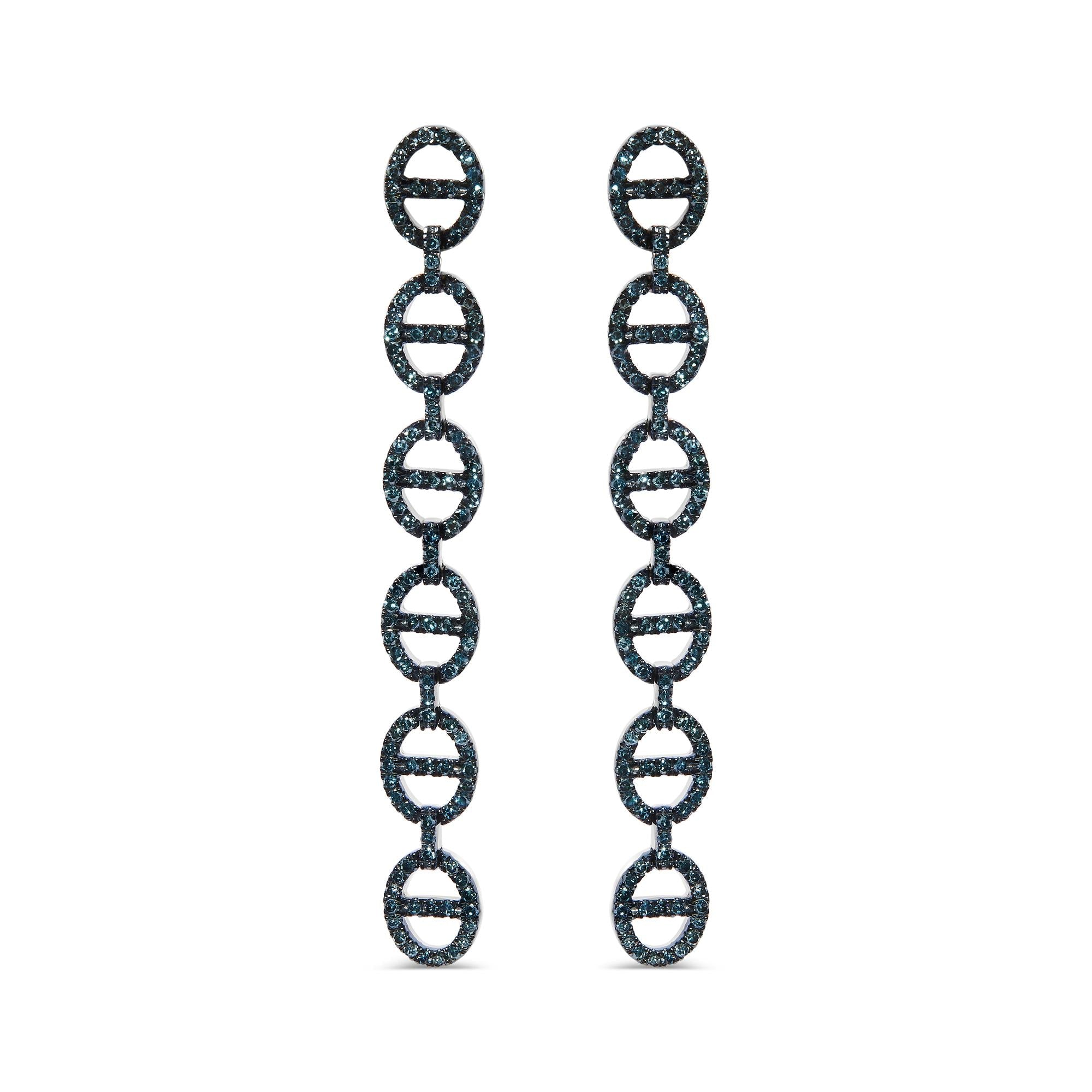 Sterling Silver 1.0 Cttw Blue Diamond Linked Circle Drop Earrings