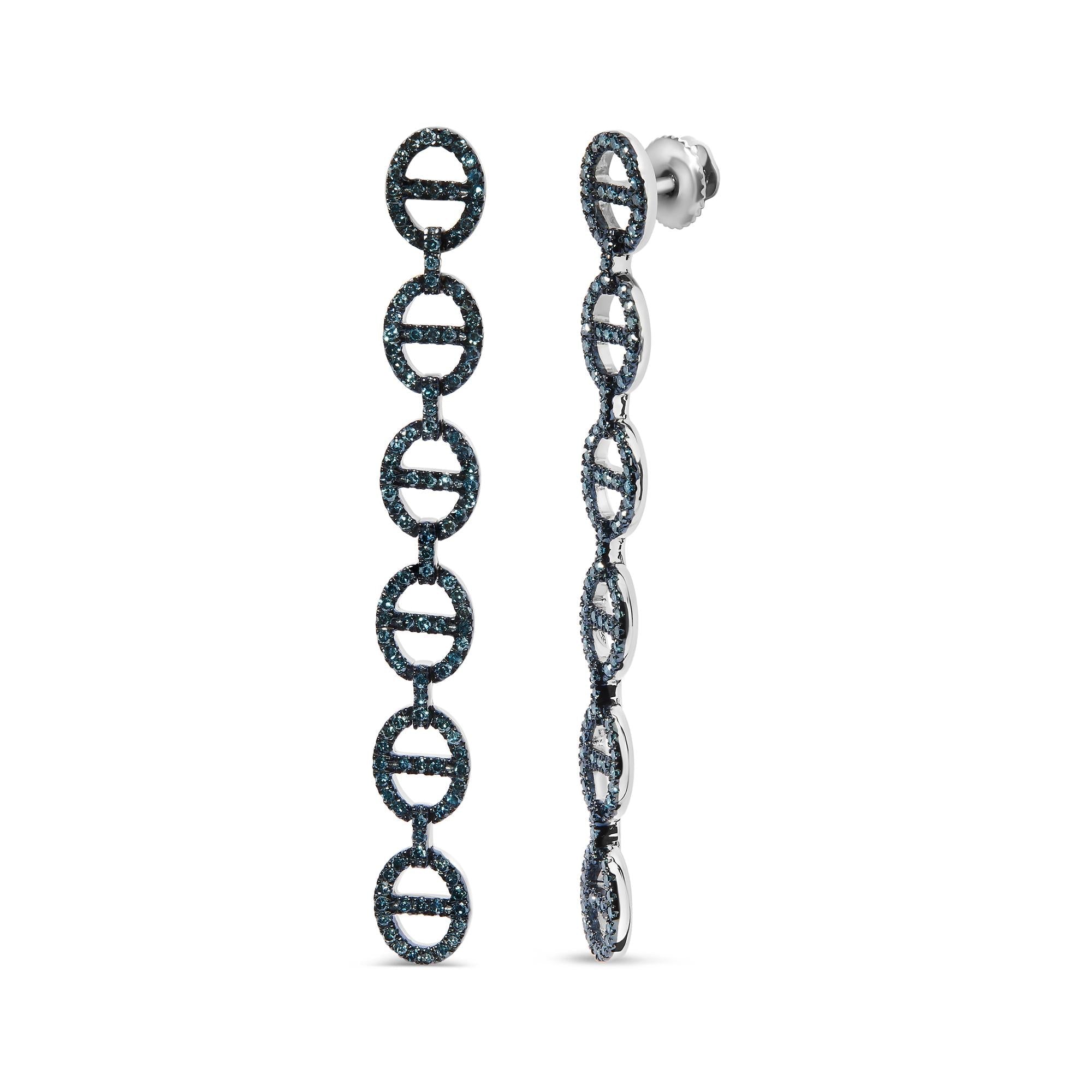 Sterling Silver 1.0 Cttw Blue Diamond Linked Circle Drop Earrings