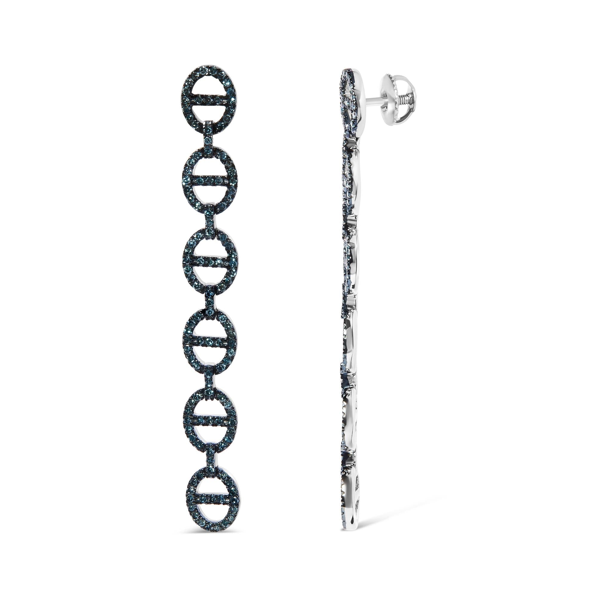 Sterling Silver 1.0 Cttw Blue Diamond Linked Circle Drop Earrings