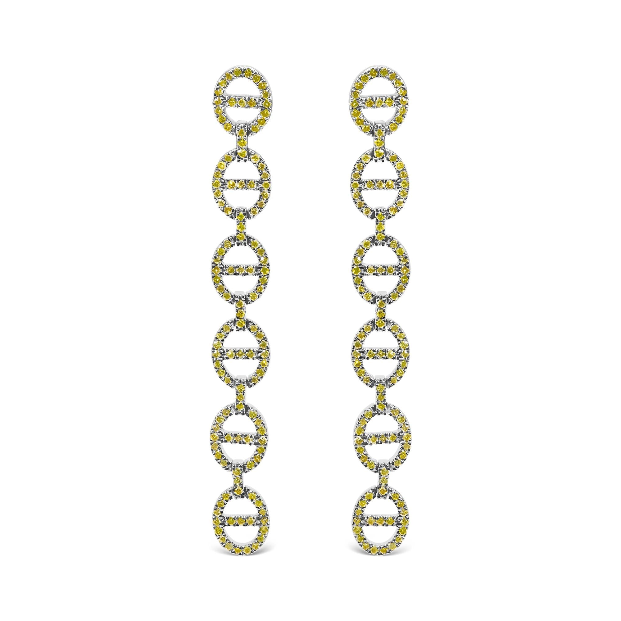 Sterling Silver 1.0 Cttw Yellow Diamond Linked Circle Drop Earrings