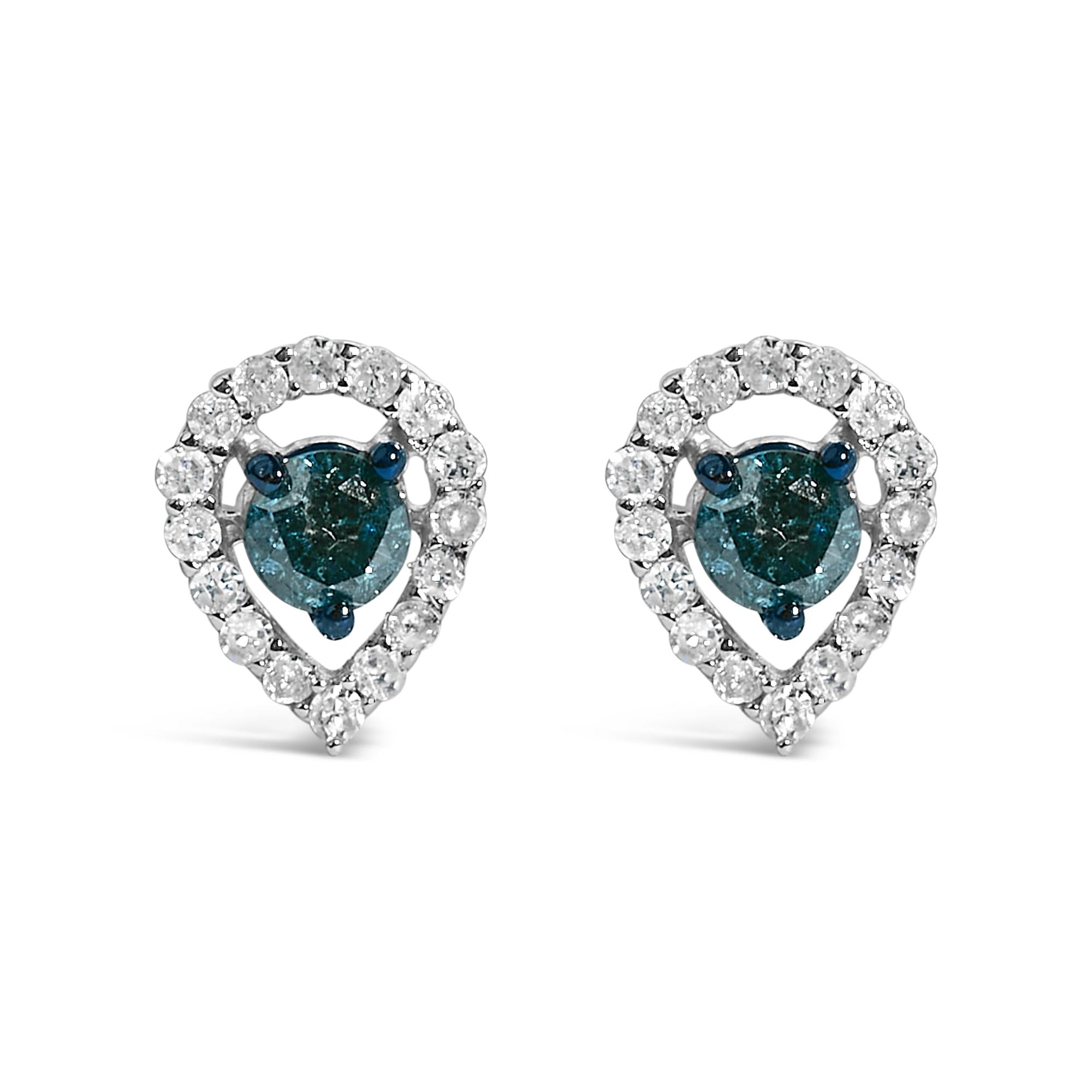 Sterling Silver 1/2 Cttw Blue and White Diamond Pear Shape Halo Stud Earrings