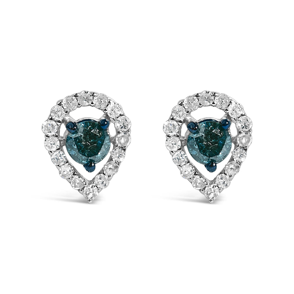 Sterling Silver 1/2 Cttw Blue and White Diamond Pear Shape Halo Stud Earrings